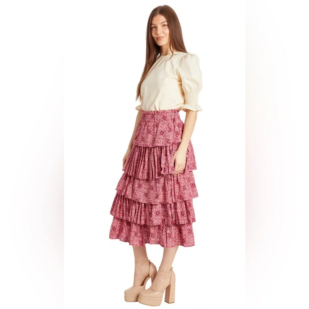 Taylor Tillman New York NWOT Floral Pink Tiered Ruffle Midi Skirt Size Large - Picture 1 of 9